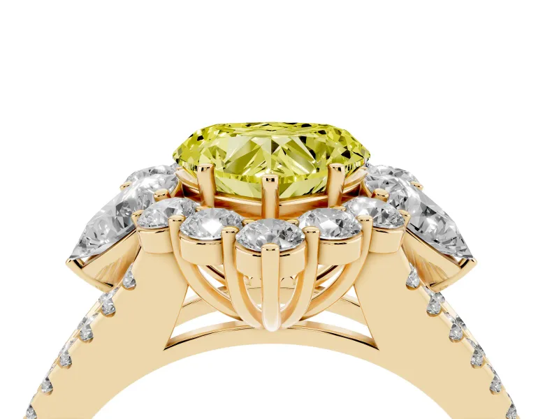 Fancy Yellow Heart Cut Diamond Halo Split Shank Engagement Ring Set in Yellow gold with Prong-Held Center Stone