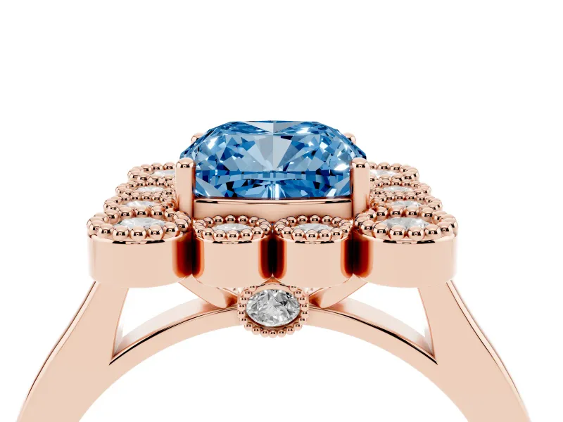 Cushion Cut Milgrain Cluster Halo Engagement Ring Setting for a Fancy Blue Lab-Grown Diamond | Plain Band | Rose Gold