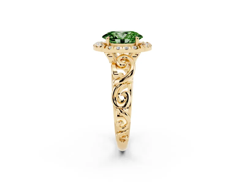 Fancy Green Oval Cut Diamond Halo Ring Set in Yellow gold with Scrollwork Band and Prong Setting