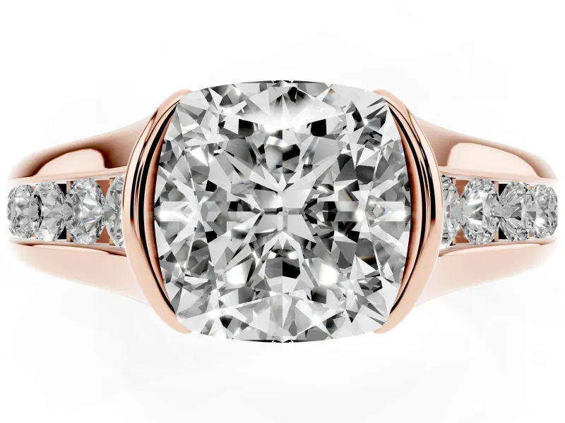 Cushion Cut Half Bezel Solitaire Engagement Ring Setting | Graduated Channel Band | Rose Gold