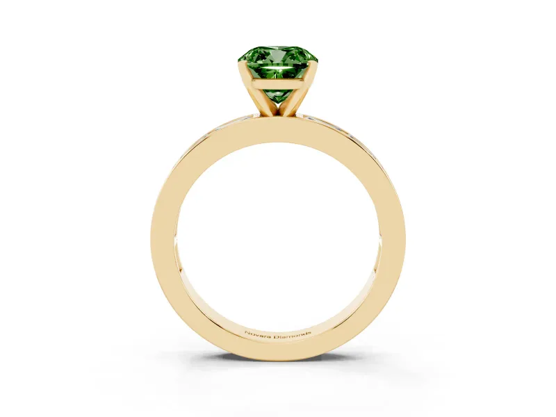 Fancy Green Cushion Cut Diamond Solitaire Ring Set in Yellow gold with Channel-Set Baguette Band and Prong Setting