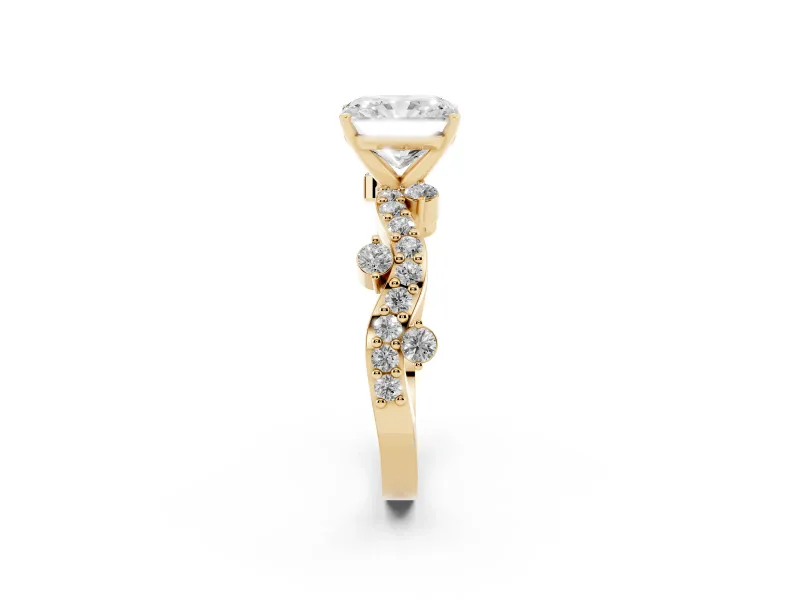 Radiant Cut Twisted Pavé Solitaire Engagement Ring Setting | Bar Stations | Yellow Gold