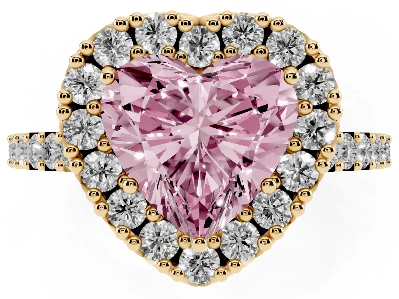 Heart-Shaped Halo Engagement Ring Setting for a Fancy Pink Lab-Grown Diamond | Single Row Pavé Band | Yellow Gold