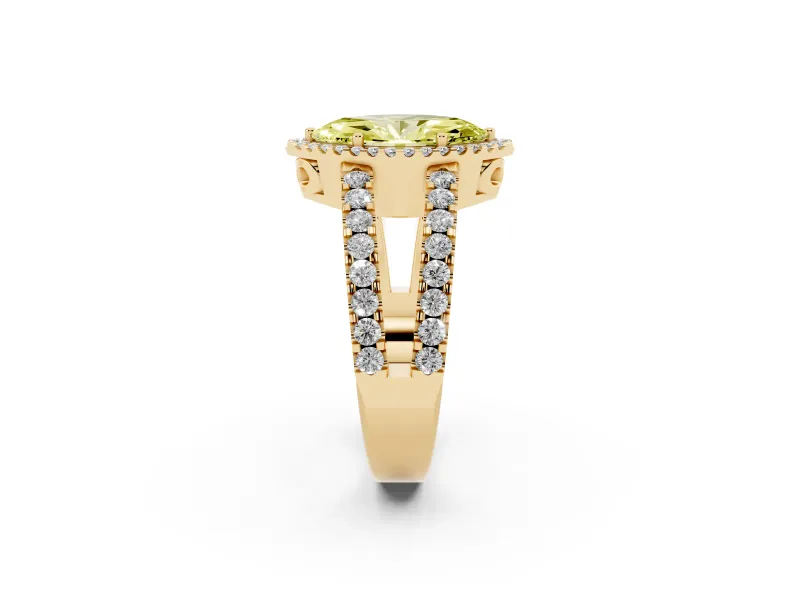 Fancy Yellow Marquise Cut Diamond Halo Ring Set in Yellow gold with Pavé Split Shank and Prong Setting