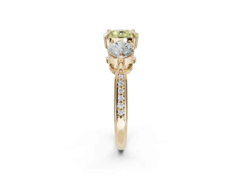 Cushion Cut Three Stone Engagement Ring Setting for a Fancy Yellow Lab-Grown Diamond | Tapered Pave Band | Yellow Gold