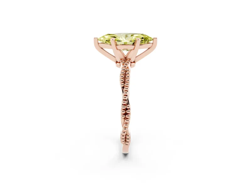 Fancy Yellow Marquise Cut Diamond Solitaire Ring Set in Rose gold with Twisted Band and Bead Prong Setting