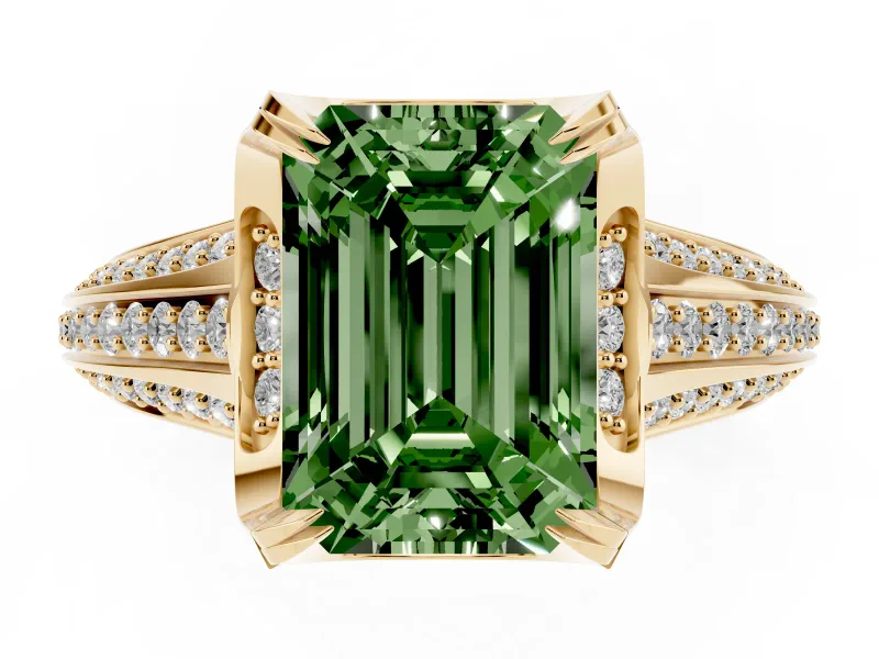 Fancy Green Emerald Cut Diamond Pavé Split Shank Solitaire Ring Set in Yellow gold with Prong Setting