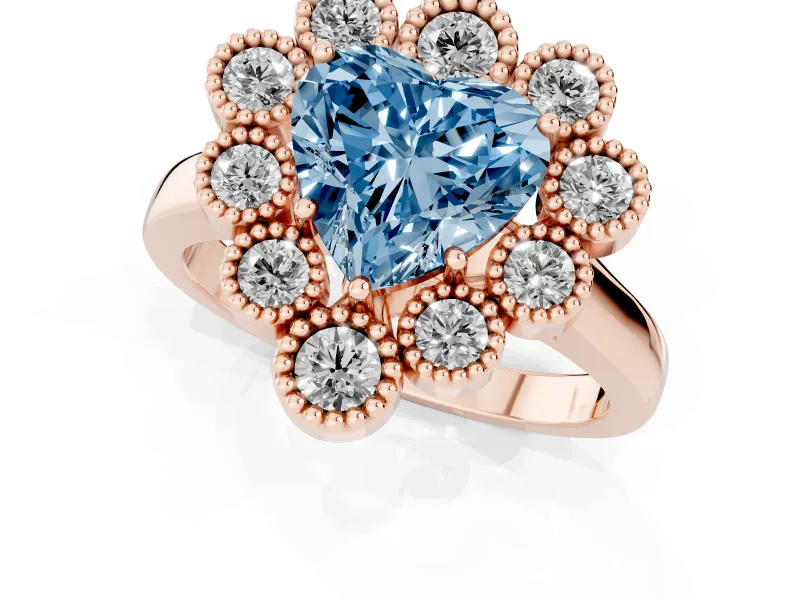 Heart-Shaped Milgrain Cluster Halo Engagement Ring Setting for a Fancy Blue Lab-Grown Diamond | Plain Band | Rose Gold