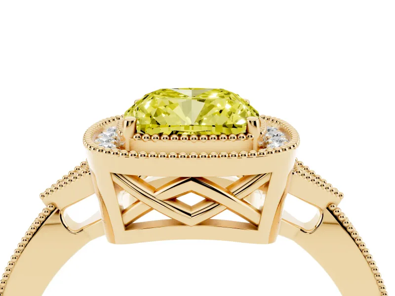 Cushion Cut Milgrain Halo Engagement Ring Setting for a Fancy Yellow Lab-Grown Diamond | Graduated Pavé | Yellow Gold