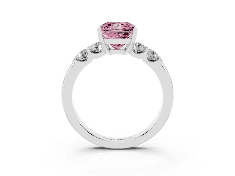 Fancy Pink Princess Cut Diamond Five-Stone Prong Set Engagement Ring Set in White gold with Channel Band