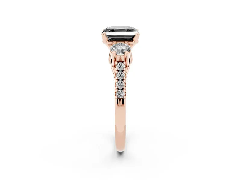 Asscher Cut Three-Stone Engagement Ring Setting for a Black Center | Pavé Shoulders | Rose Gold