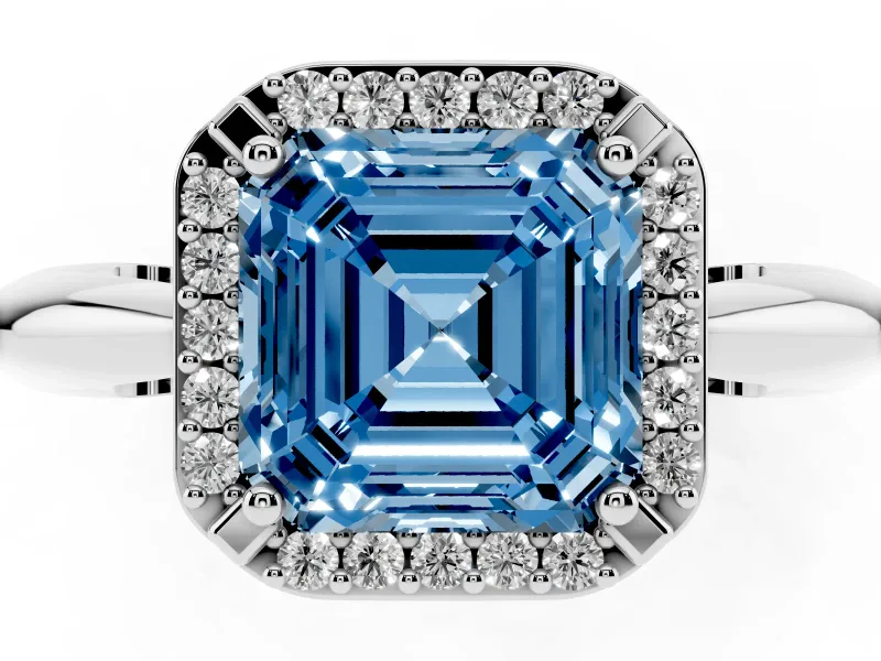 Fancy Blue Asscher Cut Diamond Halo Engagement Ring Set in Silver with Plain Split Shank and Prong Setting