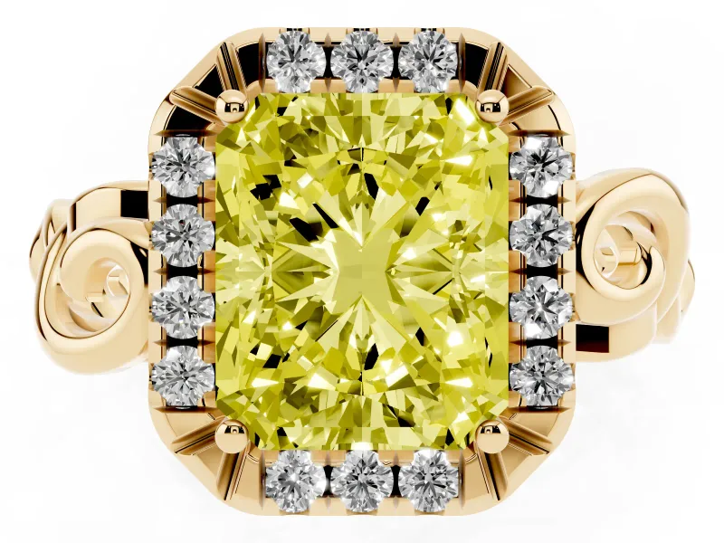 Fancy Yellow Radiant Cut Diamond Halo Ring Set in Yellow gold with Scrollwork Band and Prong Setting
