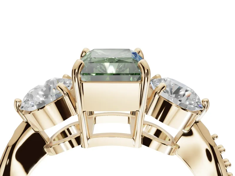 Radiant Cut Three Stone Engagement Ring Setting for a Fancy Green Lab-Grown Diamond | Tapered Pave Band | Yellow Gold