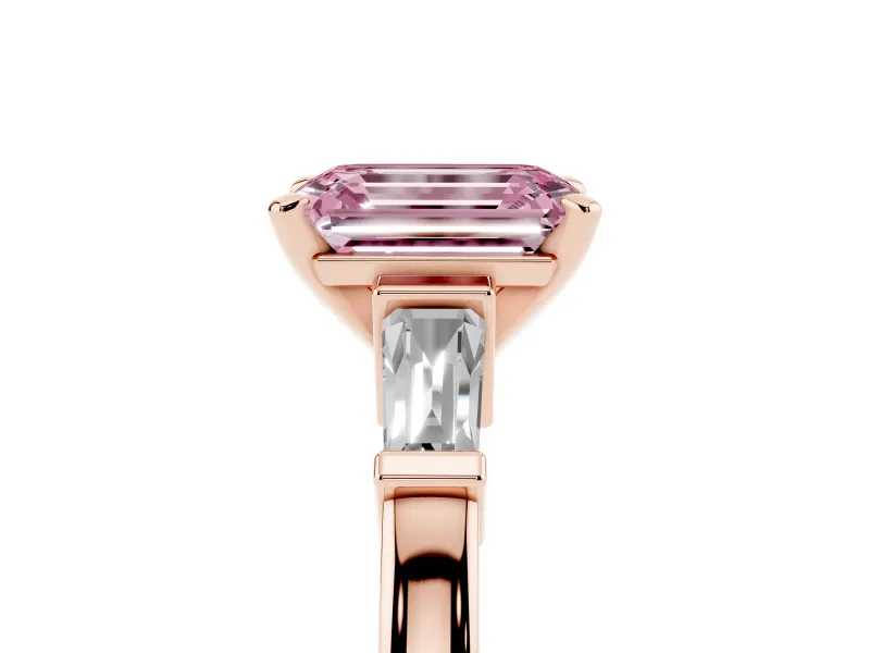 Emerald Cut Three-Stone Engagement Ring Setting for a Fancy Pink Lab-Grown Diamond | Tapered Baguettes | Rose Gold