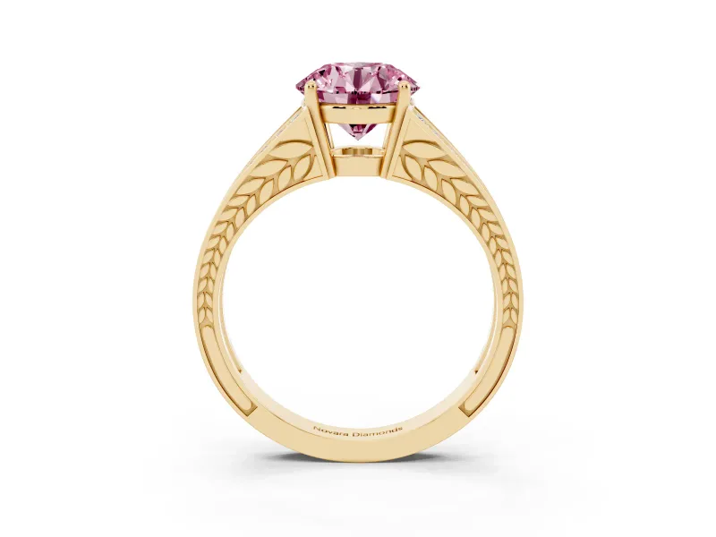 Fancy Pink Round Cut Diamond Split Shank Ring Set in Yellow gold with Pavé Band and Prong Setting