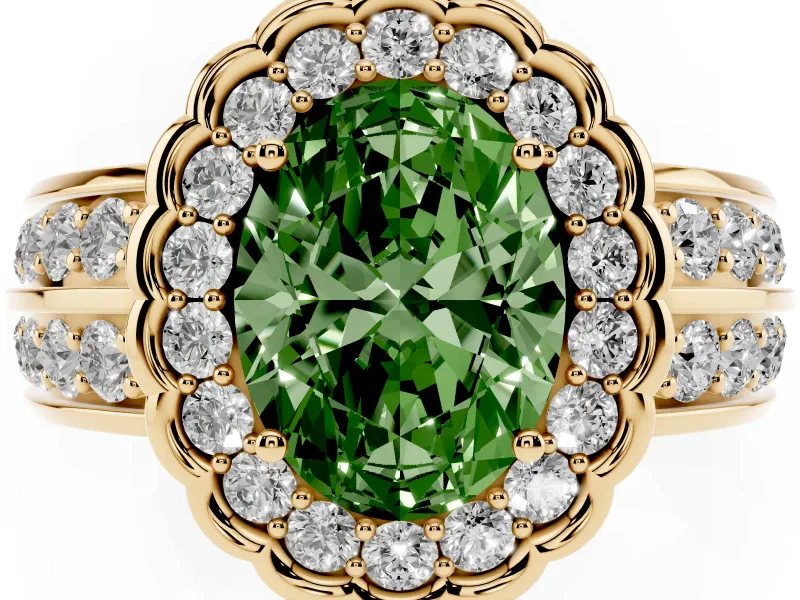 Fancy Green Oval Cut Diamond Scalloped Halo Ring Set in Yellow gold with Pavé Split Shank