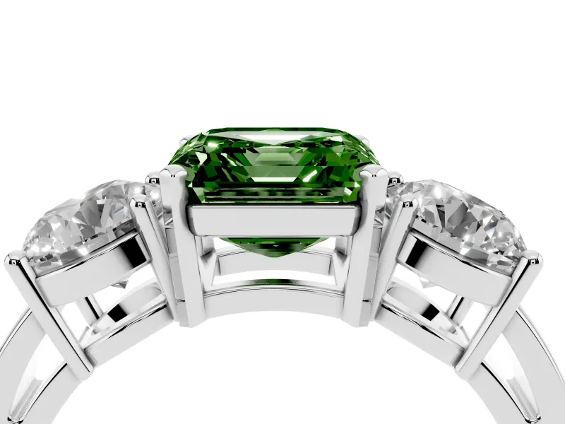 Asscher Cut Three Stone Engagement Ring Setting for a Fancy Green Lab-Grown Diamond | Wide Plain Band | Platinum