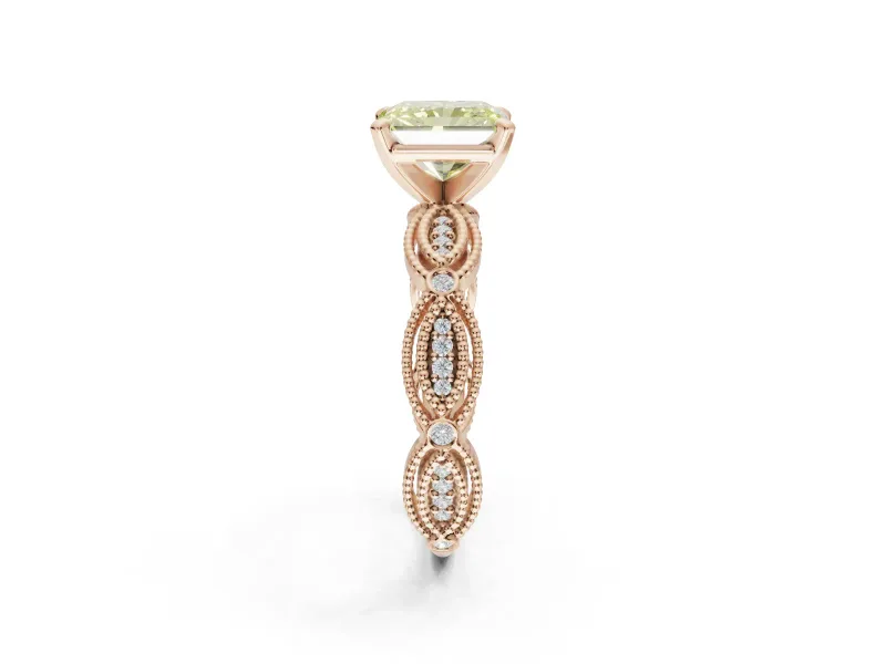Radiant Cut Vintage Engagement Ring Setting for a Fancy Yellow Lab-Grown Diamond | Graduated Stations | Rose Gold