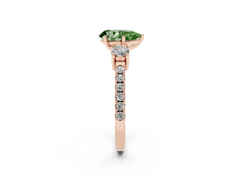 Pear-Shaped Three Stone Pavé Engagement Ring Setting for a Fancy Green Lab-Grown Diamond | Round Side Stones | Rose Gold