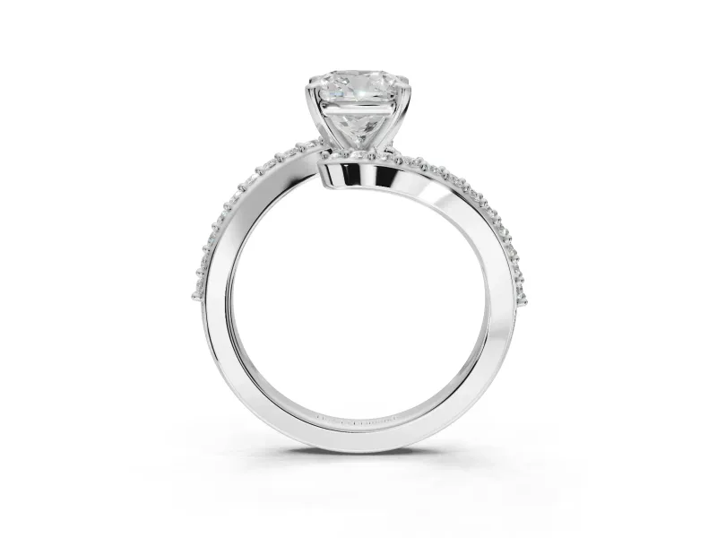 Cushion Cut Bypass Pavé Solitaire Engagement Ring Setting | Swirl Band | White Gold