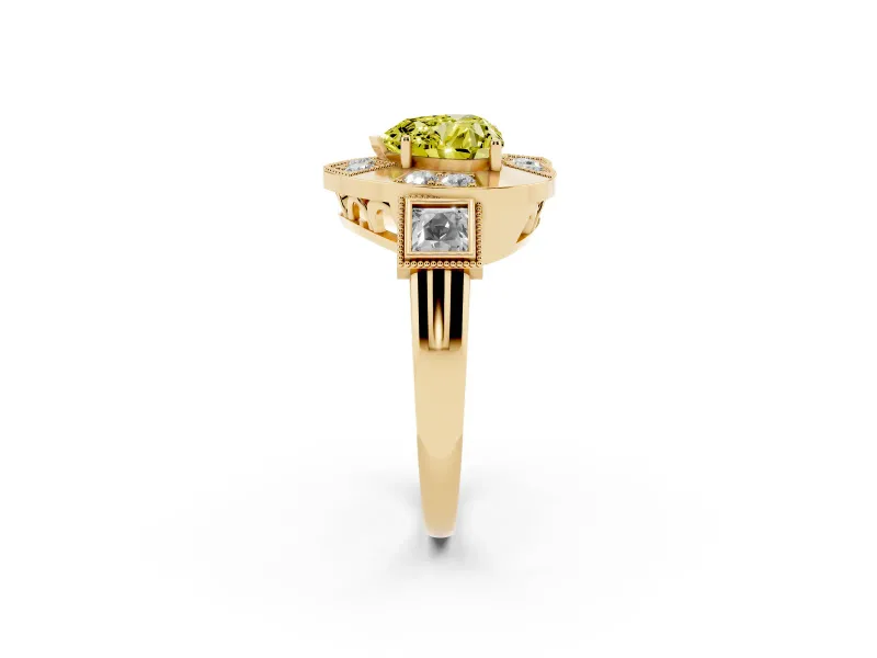 Fancy Yellow Heart Cut Diamond Milgrain Halo Ring Set in Yellow gold with Split Shank