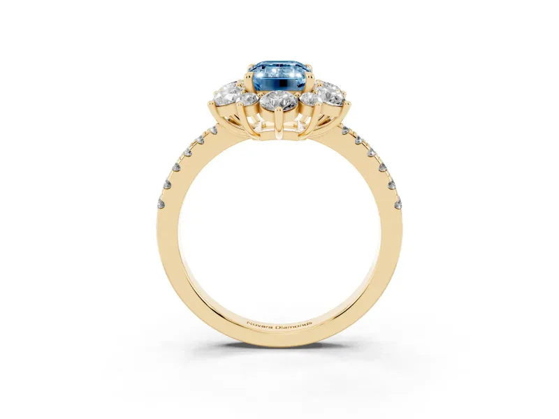 Emerald Cut Star Floral Halo Engagement Ring Setting for a Fancy Blue Lab-Grown Diamond | Yellow Gold