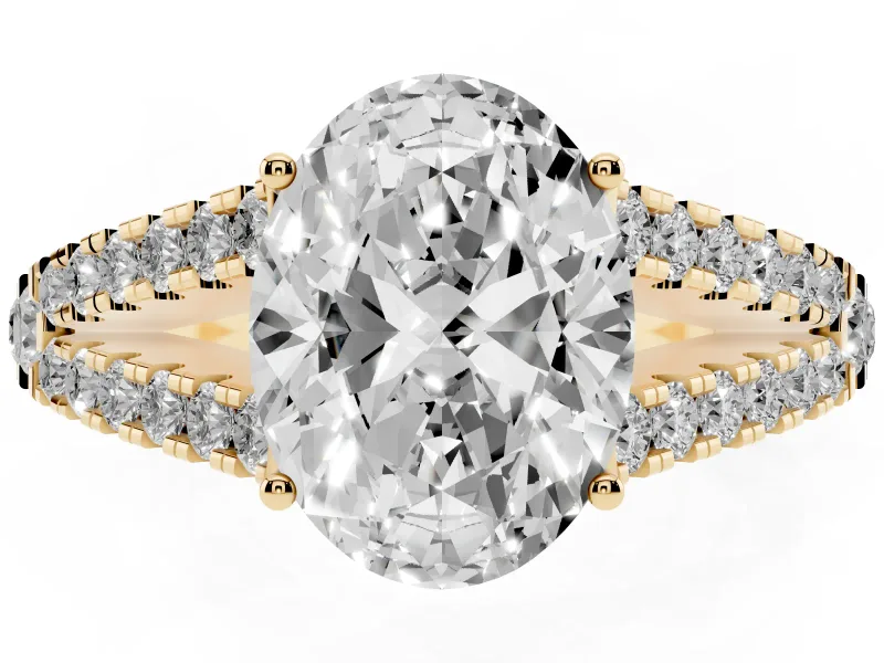 Oval Graduated Pave Split Shank Engagement Ring Setting | V Split Shoulders | Yellow Gold