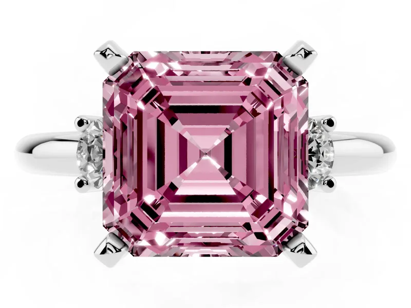 Fancy Pink Three-Stone Asscher Cut Diamond Ring Set in Platinum with Prong Setting and Plain Band