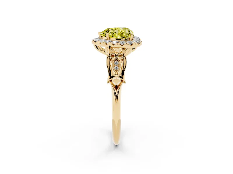 Heart-Shaped Halo Engagement Ring Setting for a Fancy Yellow Lab-Grown Diamond | Filigree Shoulders | Yellow Gold