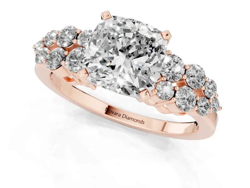 Cushion Cut Diamond Cluster Engagement Ring Set in Rose gold with Pavé Band and Prong Setting