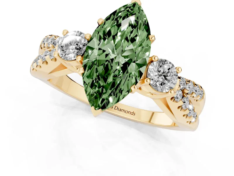 Fancy Green Marquise Cut Diamond Three-Stone Ring Set in Yellow gold with Pavé Split Shank and Prong Setting