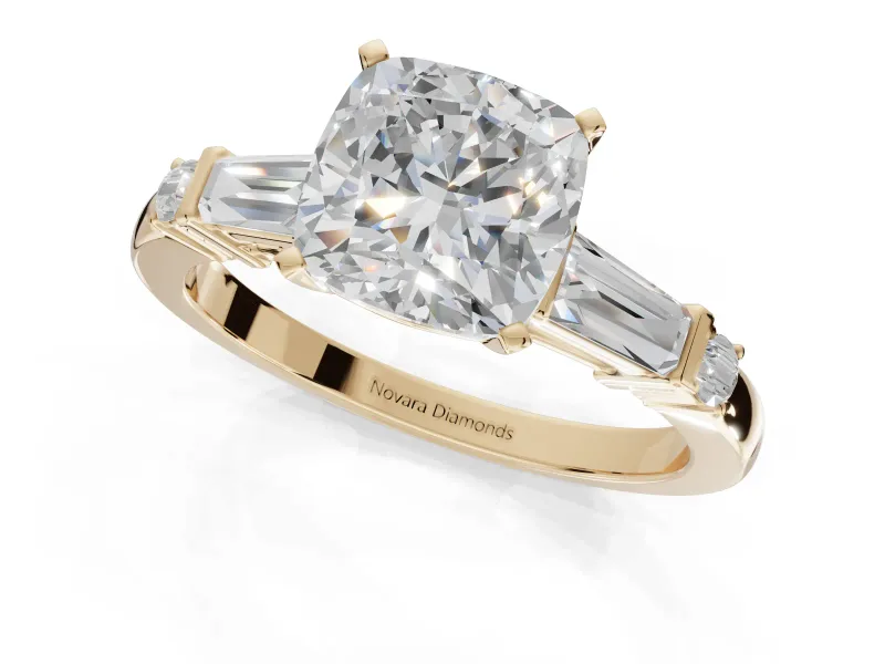 Cushion Cut Tapered Baguette Engagement Ring Setting | Bar Set Sides | Yellow Gold