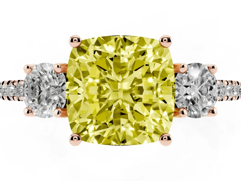 Cushion Cut Three Stone Engagement Ring Setting for a Fancy Yellow Lab-Grown Diamond | Pave Shoulders | Rose Gold