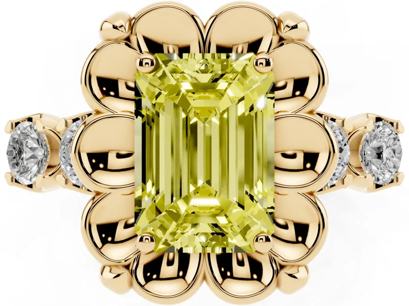 Emerald Cut Floral Engagement Ring Setting for a Fancy Yellow Lab-Grown Diamond | Petal Frame | Yellow Gold