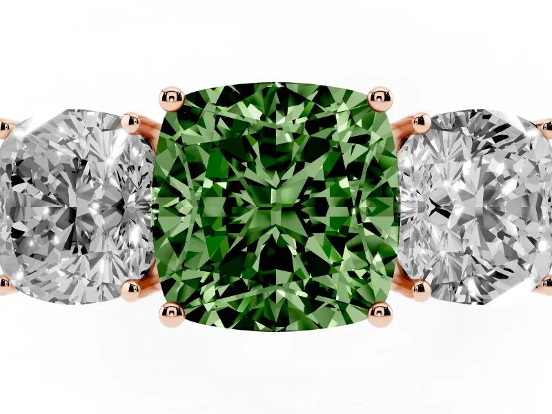 Cushion Cut Three Stone Engagement Ring Setting for a Fancy Green Lab-Grown Diamond | Beaded Shoulders | Rose Gold