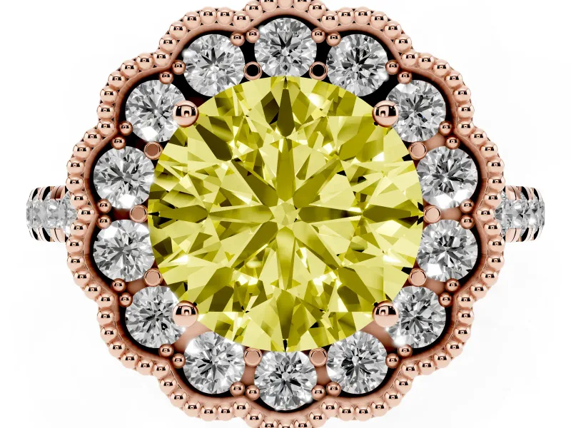 Round Vintage Milgrain Floral Halo Engagement Ring Setting for a Fancy Yellow Lab-Grown Diamond | Pavé Band | Rose Gold