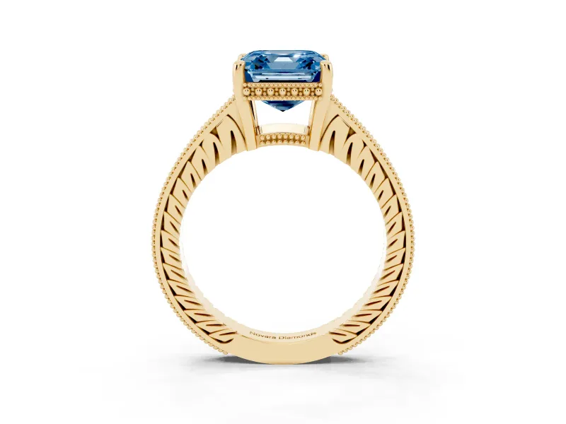 Asscher Cut Engraved Engagement Ring Setting for a Fancy Blue Lab-Grown Diamond | Yellow Gold