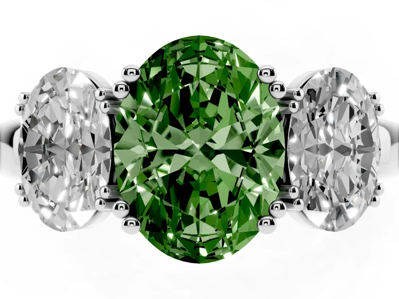 Fancy Green Oval Cut Diamond Three-Stone Ring Set in Platinum with Polished Band and Prong Setting