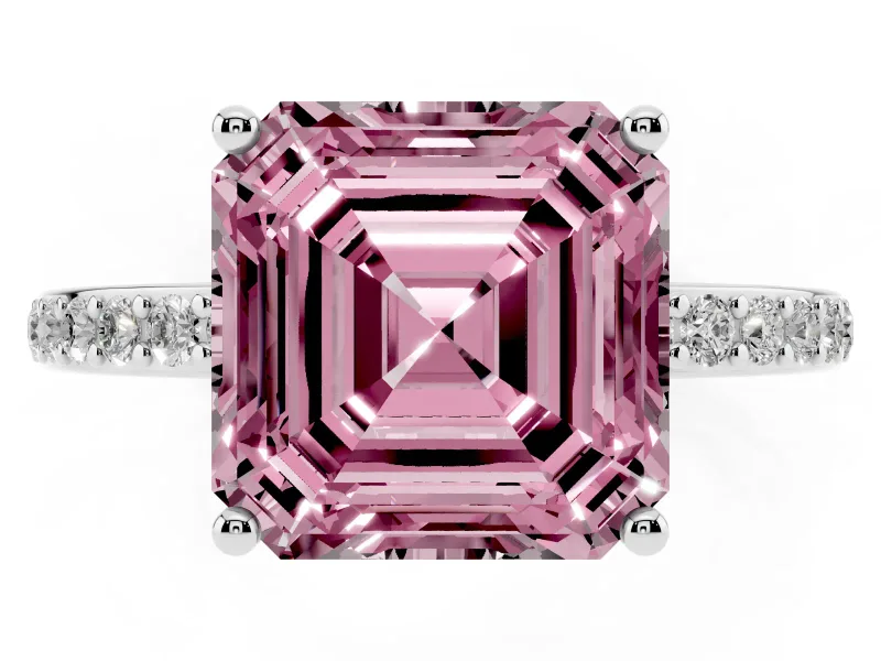Fancy Pink Asscher Cut Diamond Pavé Band Ring Set in Silver with Prong-Set Center Stone