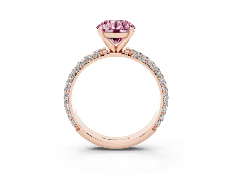Fancy Pink Round Cut Diamond Solitaire Ring Set in Rose gold with Prong Setting and Pavé-Set Band