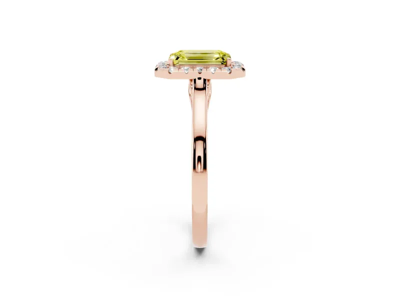 Fancy Yellow Emerald Cut Halo Round Diamond Solitaire Ring Set in Rose gold with Pavé Band and Prong Setting