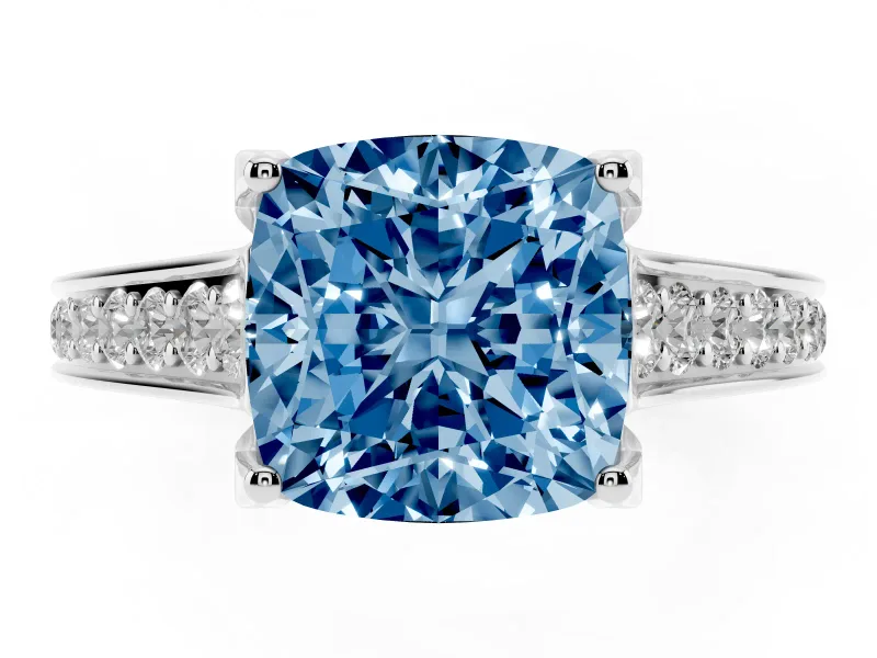 Fancy Blue Cushion Cut Diamond Solitaire Pavé Engagement Ring Set in White gold with Prong Setting