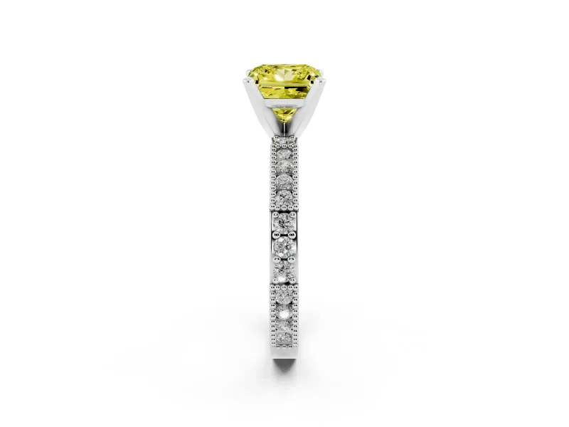 Fancy Yellow Princess Cut Diamond Solitaire Ring Set in White gold with Slim Pavé Band and Prong Setting