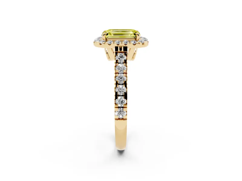 Emerald Cut Accented Halo Engagement Ring Setting for a Fancy Yellow Lab-Grown Diamond | Yellow Gold