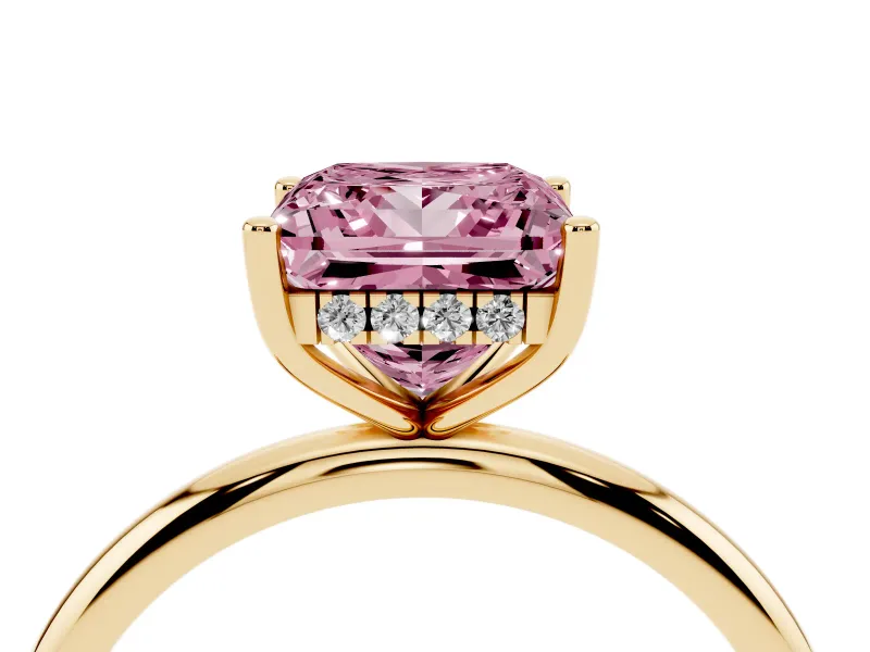 Fancy Pink Princess Cut Diamond Solitaire Engagement Ring Set in Yellow gold with Prong Setting and Polished Band
