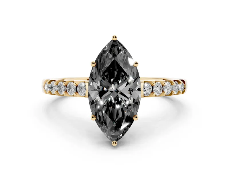 Fancy Black Marquise Cut Diamond Solitaire Engagement Ring Set in Yellow gold with Pavé Band and Prong Setting