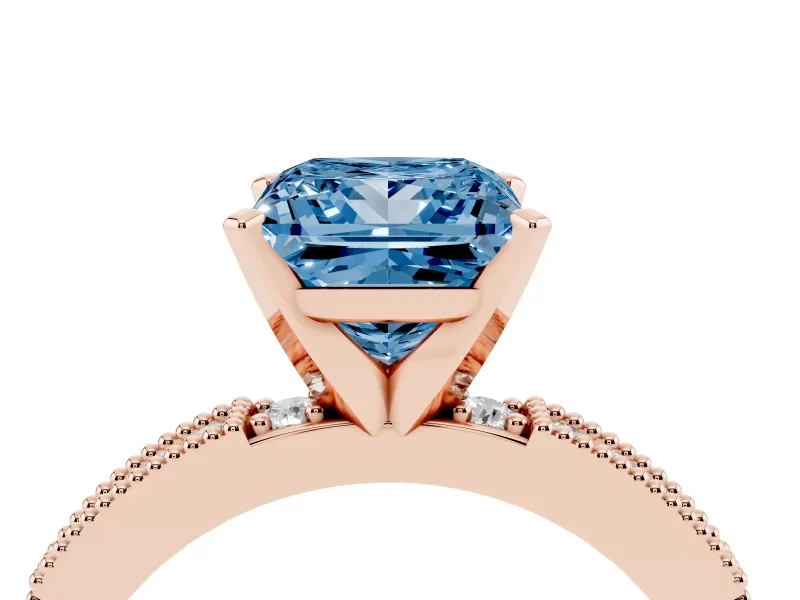 Fancy Blue Princess Cut Diamond Solitaire Ring Set in Rose gold with Slim Pavé Band and Prong Setting