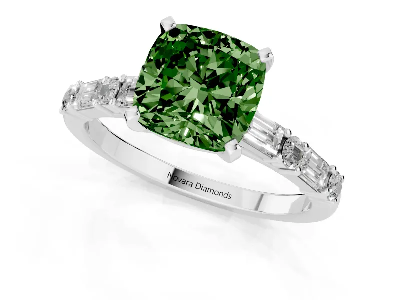 Fancy Green Cushion Cut Diamond Solitaire Set in Platinum with Side Baguettes and Channel Set Band