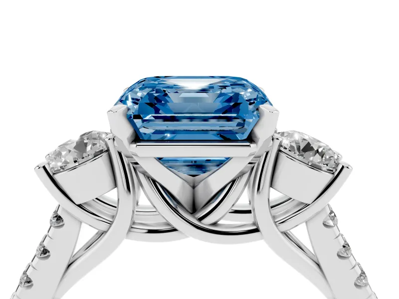 Fancy Blue Three-Stone Asscher Cut Diamond Pavé Band Ring Set in Platinum with Prong-Set Trio